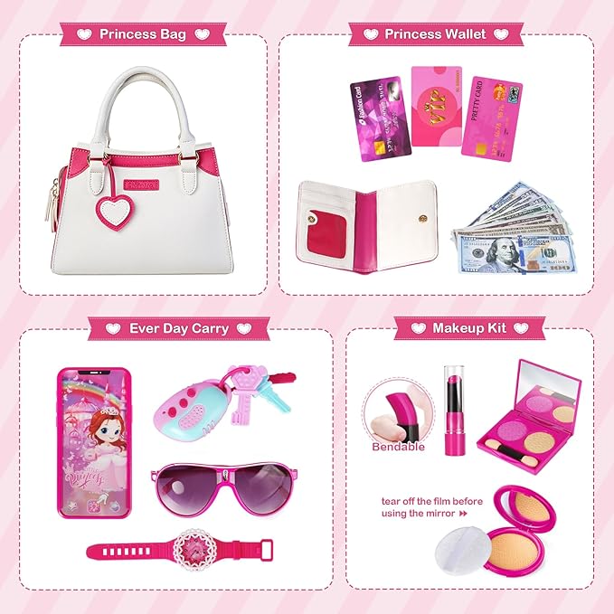 Shemira Play Purse for Little Girls, Princess Pretend Toys for Kids 3 4 5 6 7 8 Years Old, Christmas & Birthday Gift for Girls Age 3-5 4-6 6-8, Toddler Purse with Accessories, Kids Toy Purse, White