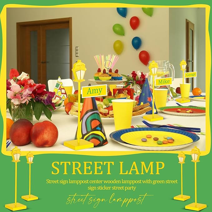 6 Pcs Street Sign Lamp Post Centerpiece Wooden Lamp Post with Street Party Sign Sticker for Toy Decor Friend Birthday Party Supplies Decoration(Yellow)