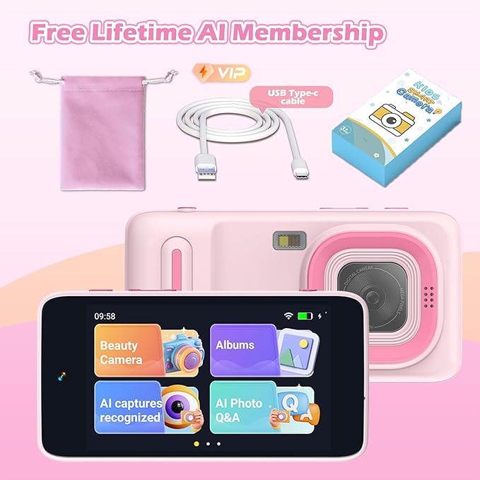 AI Kids Camera for 3–11 Year Old Boys and Girls, AI Learning Digital Video Camera with with Object Recognition, Best Birthday, WiFi Kids Toy Camera 16GB (Pink)