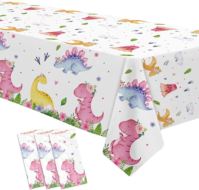Dinosaur Birthday Party Supplies Tablecloth for Girl - Pink Dinosaur Baby Shower Decorations Table Cover, 3 Pack (54in x 108in)