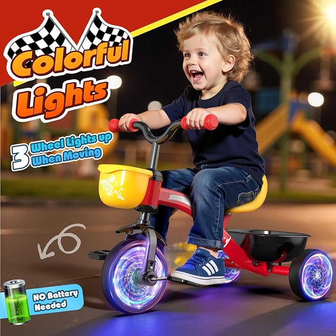 Toddler Tricycle for 1-3 3-5 Year Olds, 2 3 4 5 Year Old Boys Girls Birthday Gifts, Toddler Baby Bike, Outdoor Toys for Ages 2-4, 4-Level Adjustable Seat, 3 Colorful Lighting Wheels, 2 Baskets