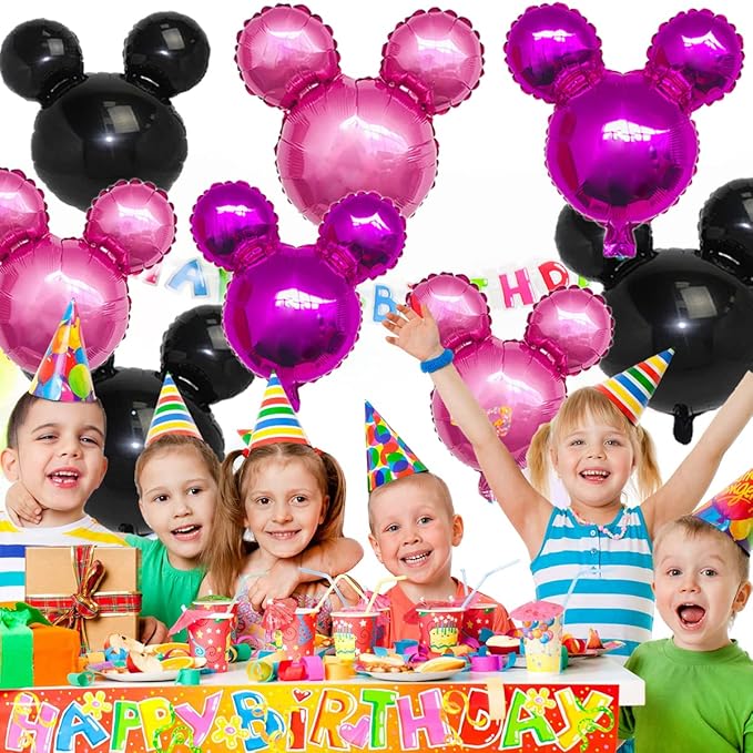 9Pcs Pink Mouse Party Foil Balloons, 27” Black, Rose Red, Pink Balloons, Cartoon Mouse Party, Baby Party, Girl Party, Kids Birthday Theme Party Decoration Supplies