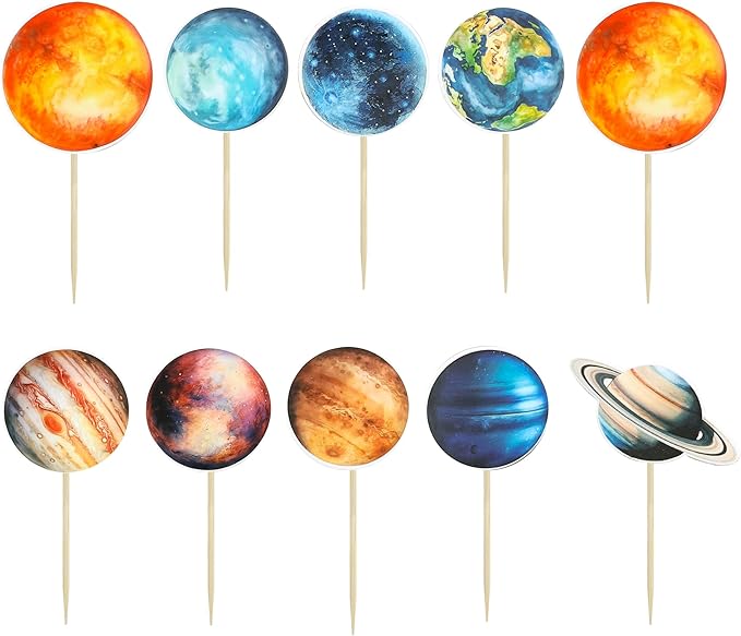 Ephlyn 36Pcs Outer Space Cupcake Toppers Planet Rocket Spaceship Trip to the Moon Star Cupcake Picks Solar System Galaxy Universe Planets Birthday Cupcake Decorations Party Supplies