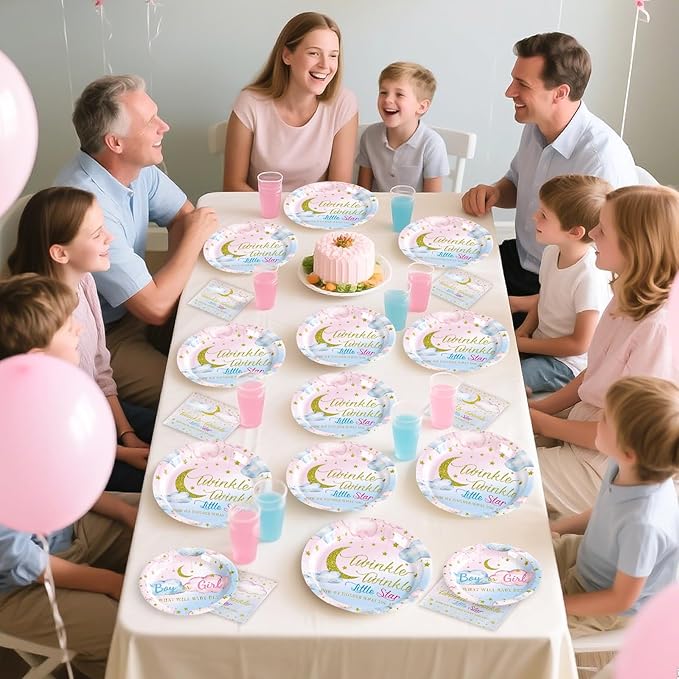 Grencian 96Pcs Twinkle Twinkle Little Star Gender Reveal Party Supplies Plates and Napkins Baby Shower Disposable Tableware for Baby Girls or Boys Gender Reveal Party Decorations Serve 24