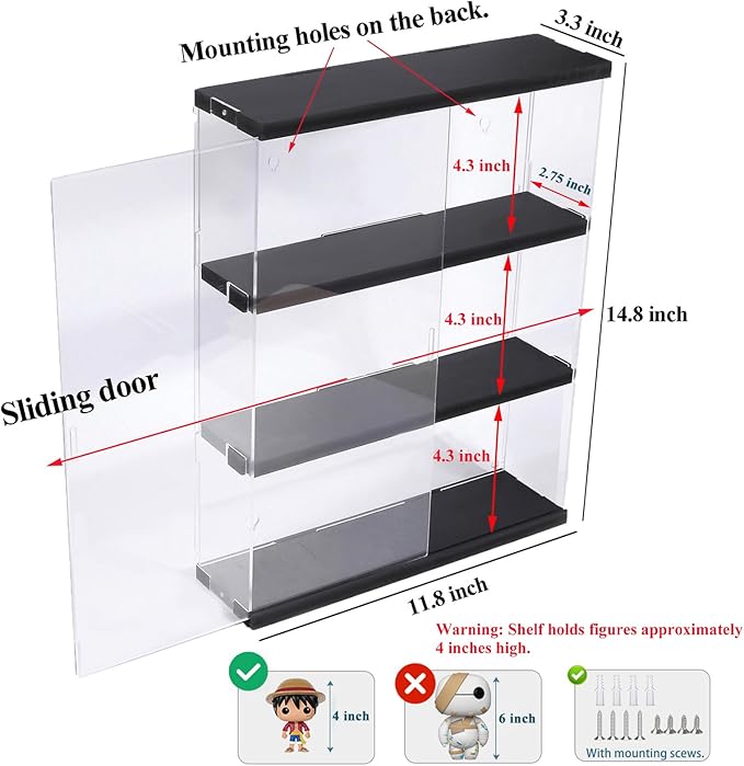 DuvinDD Acrylic Display Case Wall Mounted Funko POP Shelves, Clear Collectibles Showcase Display Cabinet with Sliding Door for Lego Figure Dustproof Hot Wheels Storage Box Black(11.8x3.3x14.8inch)