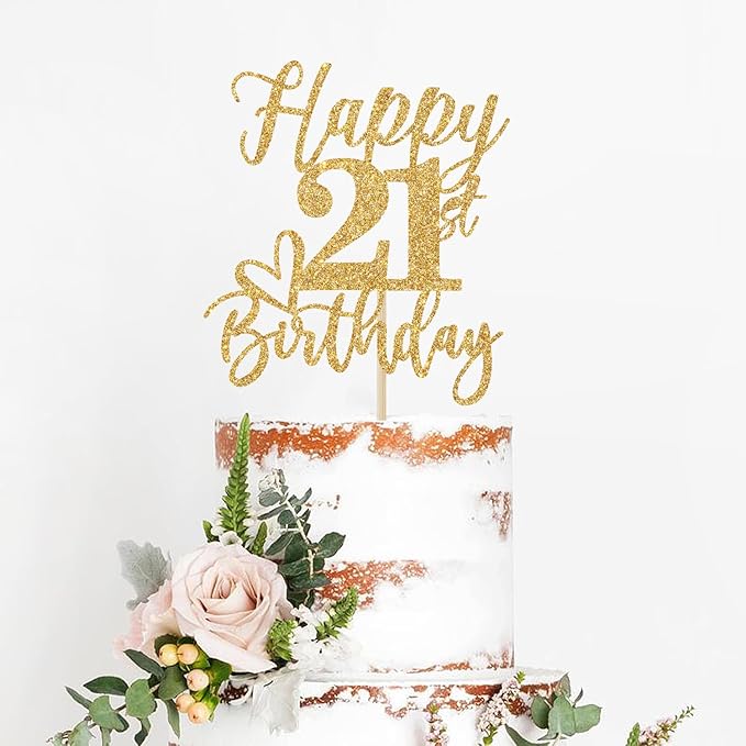 Gold Glitter Happy Birthday Cake Topper, Funny 21st Birthday Party Supplies