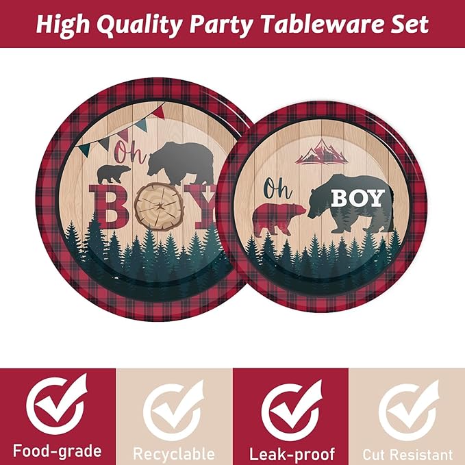 gisgfim 96 Pcs Buffalo Plaid Lumberjack Party Plates and Napkins Party Supplies Boy Red Plaid Party Tableware Set Christmas Decorations Favors for Birthday Baby Shower for 24 Guests