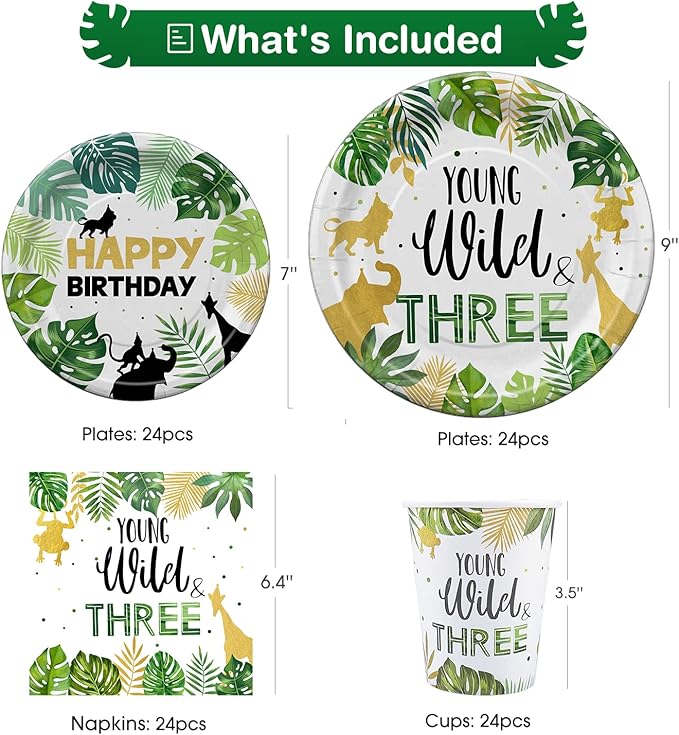 Young Wild And Three Decorations Tableware, Safari Jungle Theme 3rd Birthday Party Supplies Dinnerware Include Plates, Cup, Napkin, Cutlery, Tablecloth, For 3 Year Old Birthday Party | Serves 24