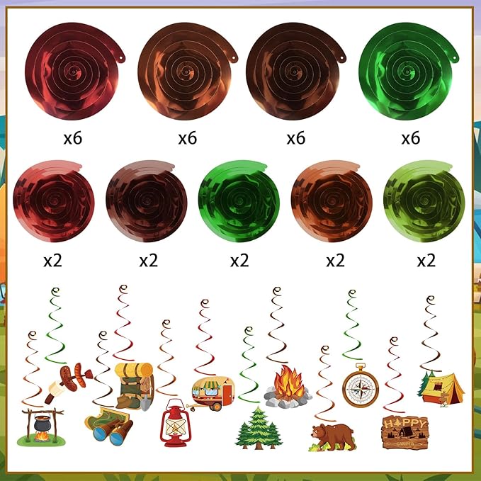 58 Pcs Camping Party Hanging Swirls Camping Themed Party Decorations Campings Adventure Sign Foil Swirls Ceiling Decorations for Kids Adults Campings Theme Party Indoor Outdoor Baby Shower