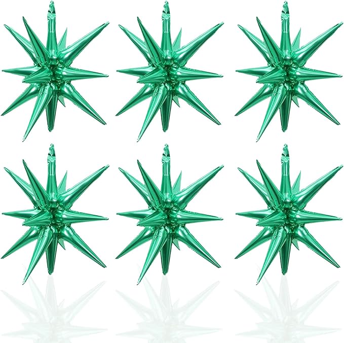 6 Pcs Green Star Foil Balloons One-Piece 14-Pointed Star Balloon 4D Starburst Cone Mylar Balloon 22inch Christmas Birthday Wedding Wedding Anniversary Party Supplies(Green)