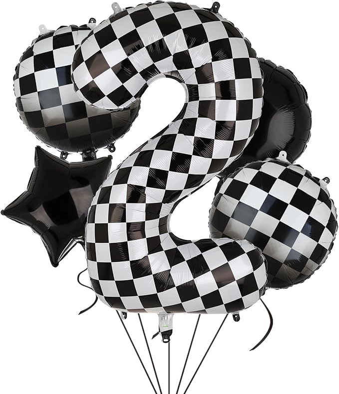 40 Inch Checkered Number Balloon 2 Black and White Two Fast Race Car Birthday Balloons Baby Hippie Smile Party Shower Boys 2nd Birthday Race Car Theme Party Decor Supplies 5 Pcs