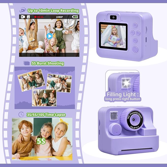 Kids Camera Instant Print, Christmas Birthday Gifts for Kids Age 3-12, Selfie Digital Camera with 1080P Videos,Toddler Portable Travel Camera Toy for 4 5 6 7 8 9 Year Old Boys (Purple)