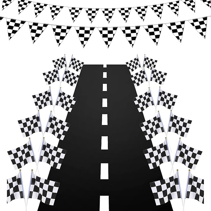 Two Fast Birthday Decro,13ft (2ft Wide)Race Floor Runner(1pc),Racing Checkered Flags (12pcs),16ft Black and White Checkered Banner(1pc),Racing Themed Party Centerpiece Supplies.Two Fast Decorations.Lightning Mcqueen Birthday Decorations