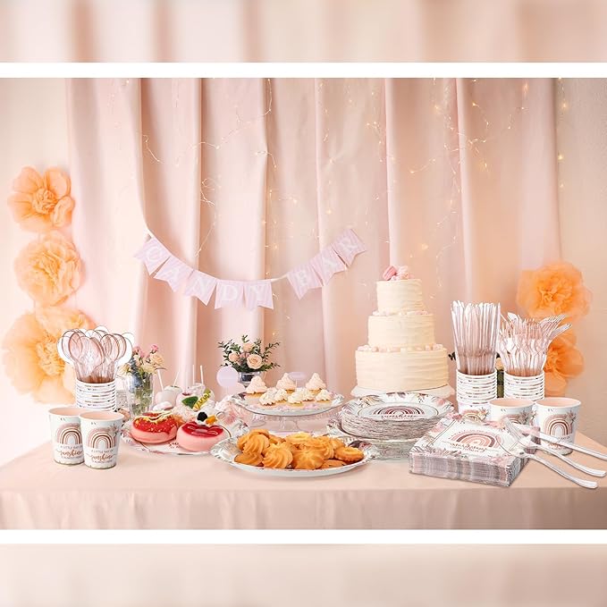 350 Pcs Boho Sunshine Baby Shower Party Supplies Rainbow Paper Plates Napkins Cups and Plastic Cutlery Party Tableware Set for Baby Shower Birthday Decorations, Serves 50