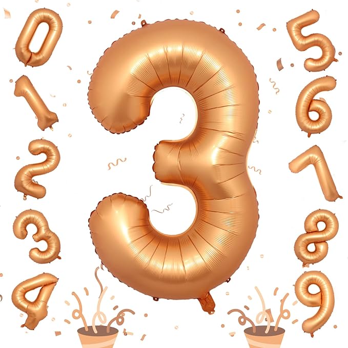 3rd Birthday Number Balloons for Girls, 40 Inch Foil Self Inflating 3 Balloons Decor, Helium Large Mylar Orange Number 3 Balloon for Kids Birthday Anniversary Celebration Party Decorations Supplies