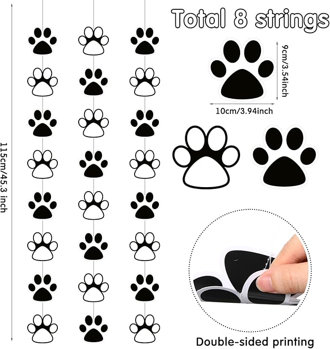 Duraaamo 8 Pack Dog Party Banner Decorations Paw Paper Garland Pet Birthday Paper Hanging Cutouts Black White Dog Paw Banners for Kids Let's Pawty Pet Birthday Party Supplies Decor