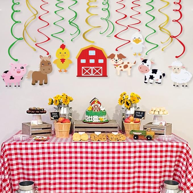 30Pcs Farm Animal Hanging Swirl Decorations Farm Animal Theme Ceiling Whirl Hanging Decorations Barnyard Party Supplies Barn Yard Ceiling Swirls for Zoo Farmhouse Theme Birthday Party Decor