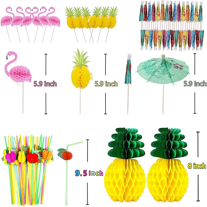 Tropical Luau Party Decoration Pack Hawaiian Beach Theme Party Favors Luau Party Supplies (112 PCS) including Banner, Table Skirt, Straws, Flamingo, Pineapple Décors.