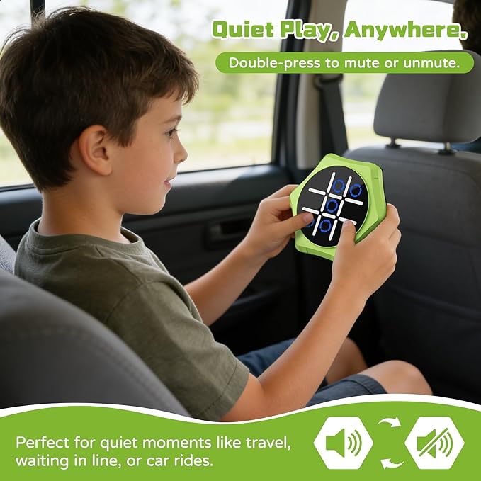 Tic Tac Toe Bolt Game,5-in-1 Handheld Puzzle Games Console,Electronic Tic Tac Toe Game for Educational&Memory,Portable Travel Games for Car Ride with Silent Mode,Toys Gift Idea for Kids & Family-Green