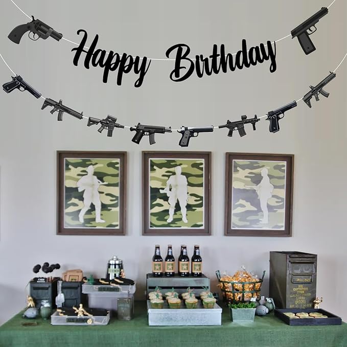 Jollyboom Gun Birthday Party Decorations, Military Nerf Gun Theme Happy Birthday Banner & Pistol Shooting Garland Set Easy Assembly, Paper Material for Boys' Indoor Outdoor Bday Party Supplies