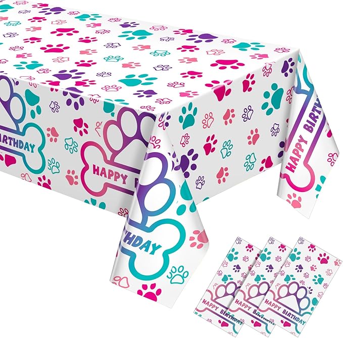 Newwiee 3 Pcs Paw Print Tablecloth Plastic Disposable Colorful Table Cover Puppy Dog Table Cloth Paw Print Party Supplies for Dog Pet Themed Party Decorations Supplies Favors, 51 x 108'' (Pink Series)