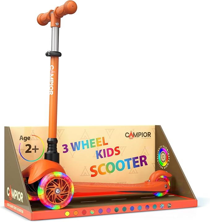 Orange Mini 3 Wheel Scooter for Kids – Lean-to-Steer with LED Light-Up Wheels, Adjustable Handlebar, Wide Anti-Slip Deck, Smooth PU Wheels, Rear Foot Brake – Toddler Scooter for Ages 2+
