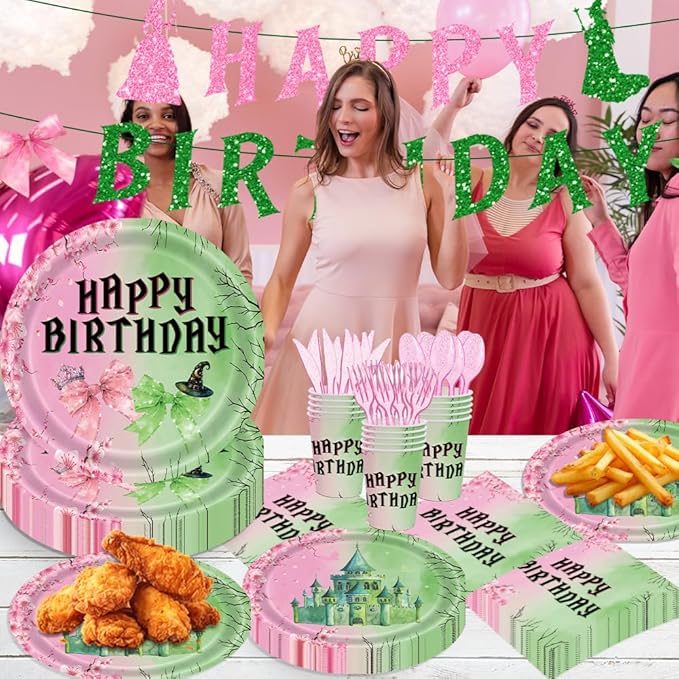 142pcs Pink and Green Witch Party Decorations Tableware, Witch Table Centerpieces Party Supplies, Tableware Set Paper Cups for Girls Birthday Party Decorations Severs 20 Guests