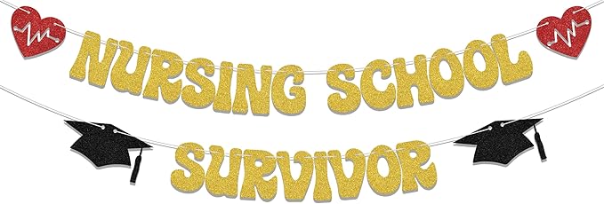 Nursing School Survivor Banner,Class of 2024 Congrats Nurse Party Decorations,Class of 2024 Nursing School Graduation Party Supplies Gold Red Black