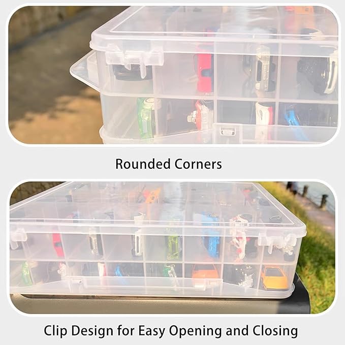 Portable Transparent Double Sided Storage Case - 48 Compartments for Toy Cars, Matchbox Cars, 1:64 Scale Model Cars, with Handle (Case Only)