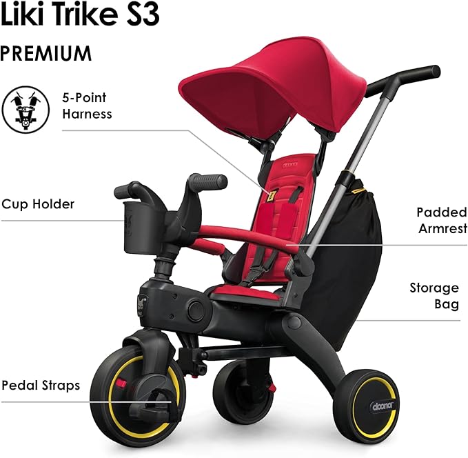 Doona Liki Trike S3, Flame Red - 5-in-1 Compact, Foldable Tricycle - Suitable for Toddlers 10 to 36 Months