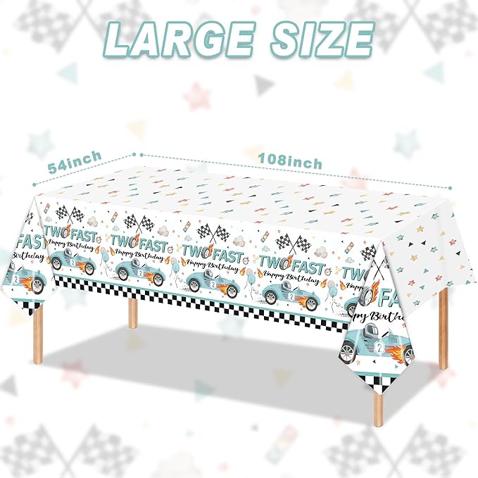 3PCS Two Fast Tablecloths for Kids Boys 2nd Birthday Party Decorations Two Fast Two Curious Racing Car Bday Table Cover Party Table Cloth -54x108in
