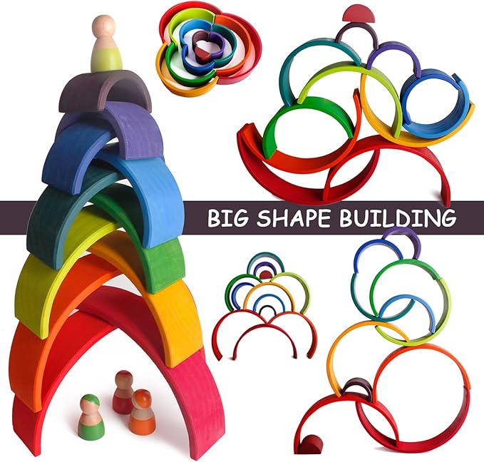 SHIERDU Wooden Rainbow Stacking Toy, 12-Piece Wooden Building Block Set, Wooden Building Block Nesting Puzzle, Early Childhood Matching Education and Learning Montessori Toys 3 4 5 6 Years Old