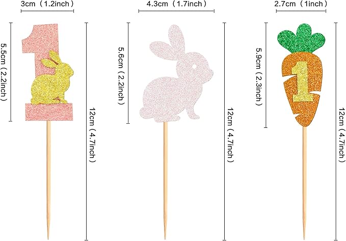 Ercadio 24Pcs Easter Bunny One Cupcake Toppers Glitter Rabbit Carrot One Cupcake Picks for Easter 1st Birthday Party Easter Baby Shower Rabbit Boys Girls First Birthday Cupcake Decorations