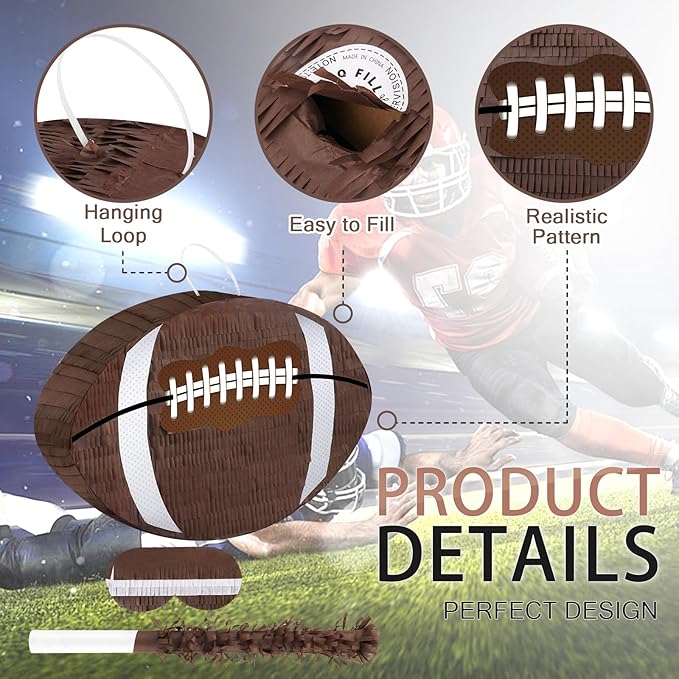 Hooqict Football Pinata with Bat Stick & Hanging Loop for Boys Football Birthday Party Decorations Game Day Tailgate Party Supplies Kids Sports Ball Pinata