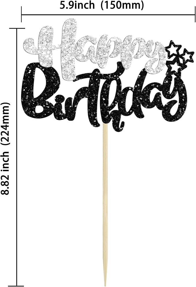 Ephlyn 24Pcs Happy Birthday Cupcake Toppers - Black Silver Glitter - Double Layer - Perfect for Birthday, Baby Shower & Anniversary Parties