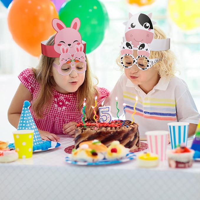 48 Pieces Farm Animal Paper Eyeglasses Farm Animal Birthday Paper Crown Headbands Farm Kids Birthday Party Hats Cow Chicken Barnyard Party Favors for Kids Toddlers Baby Holiday Games Party Supplies