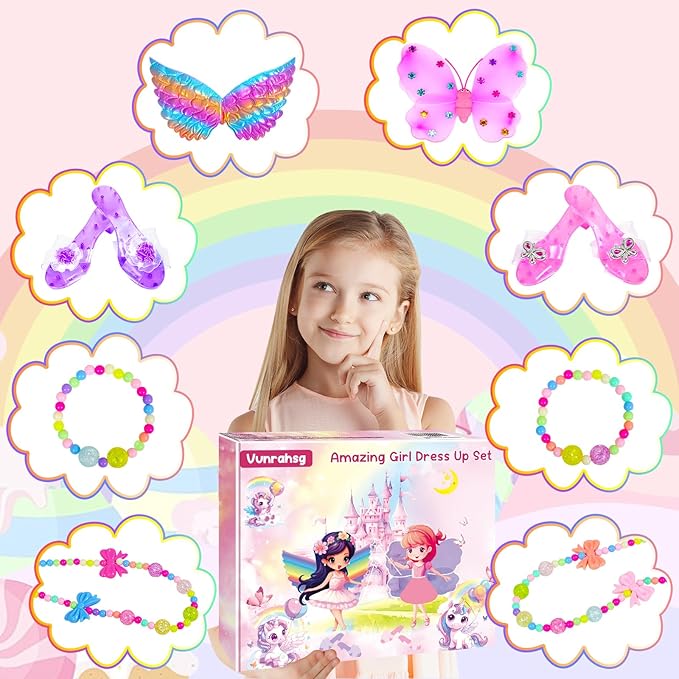 Princess Dress Up for Girls 4-6 With Tutu Shoes Jewelry Unicorn Headband Butterfly Wing Toddler Dress Up Clothes Pretend Play Fairy Costumes Set for Girls Christmas Birthday Gift 3 4 5 6 7 Girl Toys