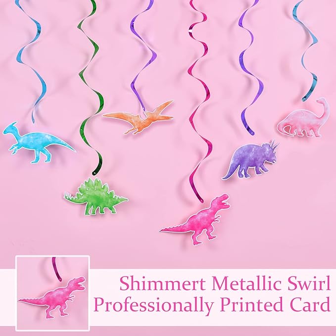 WERNNSAI Watercolor Dinosaur Party Hanging Swirl - 24Pcs Dinosaur Party Decorations for Girls Kids Birthday Baby Shower Foil Whirls Ceiling Streamers Spirals Dino Theme Party Supplies