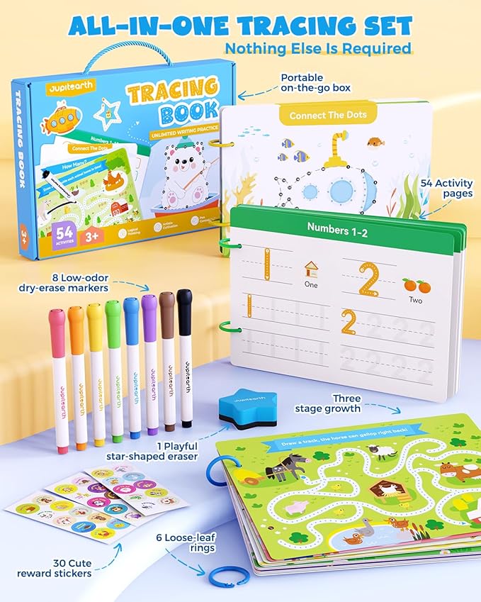 Preschool Learning Activities 54 Reusable Pages, Tracing Books for Kids Ages 3-5, Toddler Activities Busy Book, Handwriting Practice Kindergarten Workbooks, Educational Toys for 3 4 5 Year Old