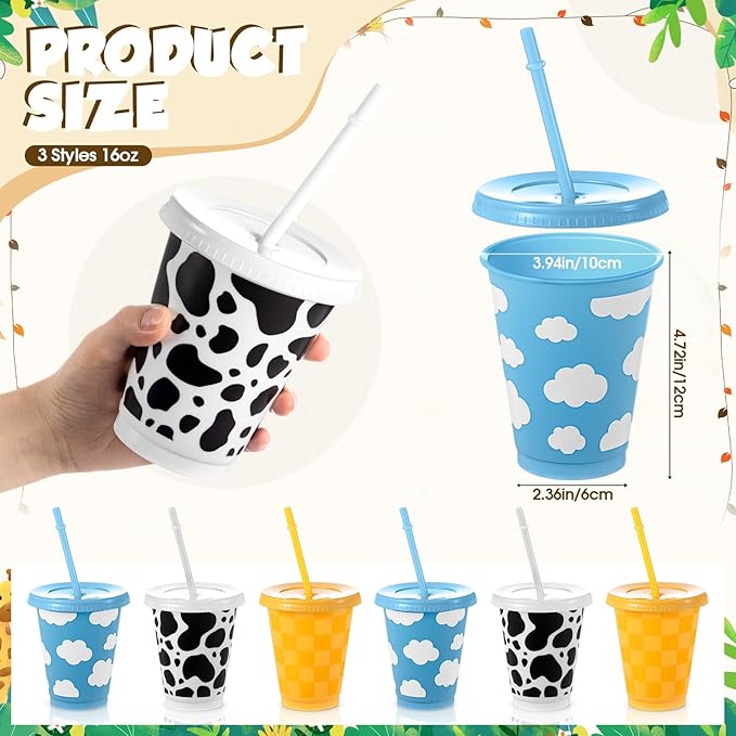 Tioncy 12 Pcs 16 Oz Cartoon Themed Party Reusable Plastic Cups Plastic Tumbler with Lid and Straw Drinking Cup Cartoon Carnival Birthday Party Supplies for Decorations