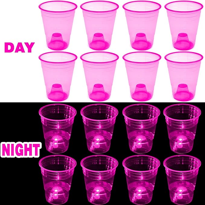mishunyus 24 pcs Pink Glow-in-the-Dark Plastic Cup Set for Party Event Fun, 16 oz Cups, Wedding House Parties Birthdays Concerts Weddings BBQ Beach Holidays