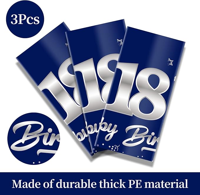 3 Pack Blue Silver 18th Birthday Tablecloth Decorations for Boy, Navy Blue Happy 18 Table Cover Party Supplies, Eighteen Years Old Birthday Disposable Rectangular Table Cloths
