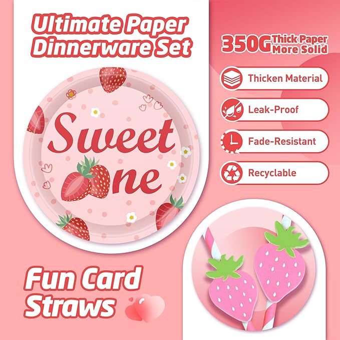 146Pcs Strawberry Plates and Napkins strawberry Party Supplies Includes Plates, Napkin, Fork, Cup, Straw, Tablecloth, Banner for Baby Shower Birthday Party Decorations, Serves 24 (Strawberry)