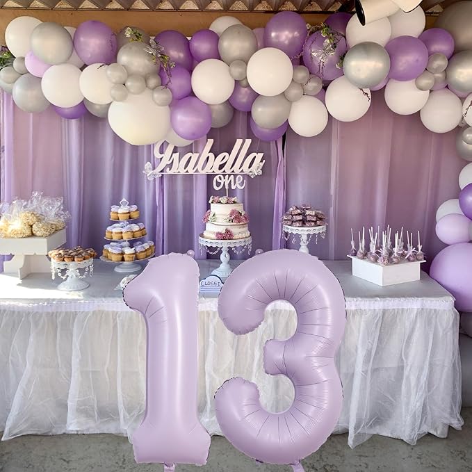 Number Balloons 13 Pastel Purple, 40 Inch Lavender Mylar Foil Number 1 & 3 Balloons for Girls 13th Birthday Balloons, Large Light Purple Helium 13 Balloons for Women 13th Anniversary Party Decorations