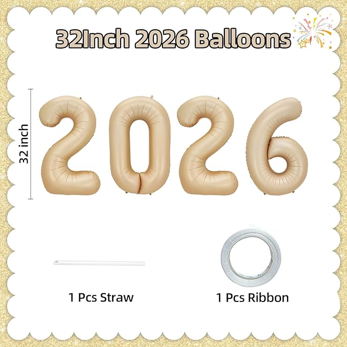 KALOR 32 Inch 2026 Caramel Foil Number Balloons, 2026 New Years Decorations for 2026 Happy New Year Eve and Graduations Party Supplies