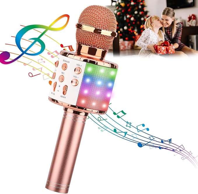 ShinePick Karaoke Microphone, 4 in 1 Wireless Microphone with LED Lights Handheld Portable Karaoke Machine, Home KTV Player, Compatible with Android & iOS Devices(Pink)