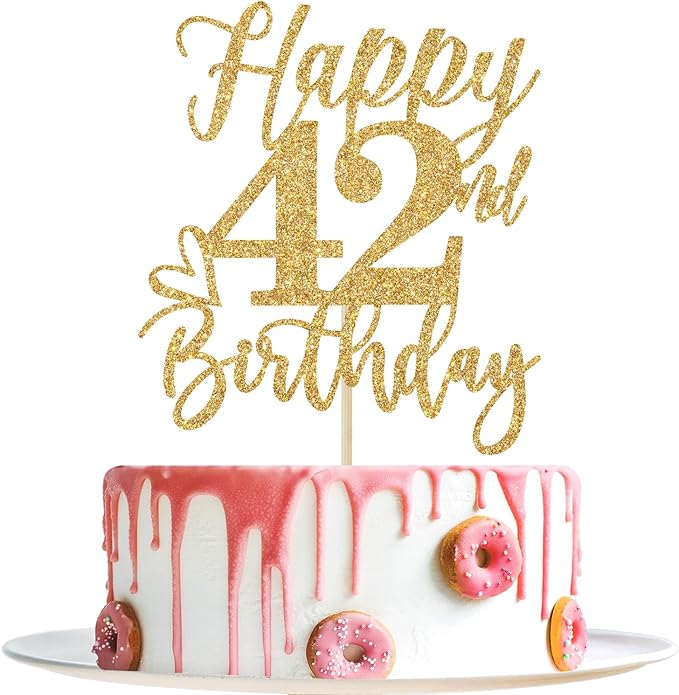 Happy 42nd Birthday Cake Topper, Cheers to 42 Years, Gold Glitter Party Supplies