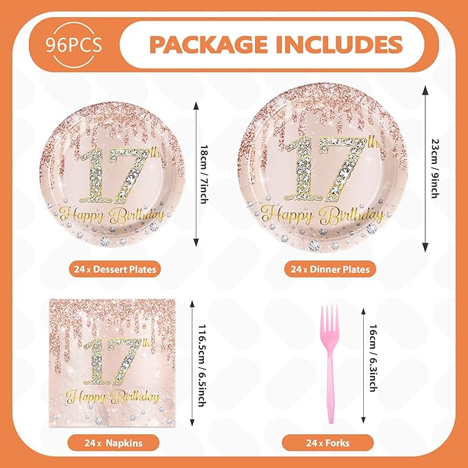 96 PCS 17th Birthday Party Decorations Rose Gold 17 Years Old Birthday Party Plates and Napkins Disposable 17th Birthday Paper Tableware Set for Girls Seventeen Birthday Party Supplies, Serves 24