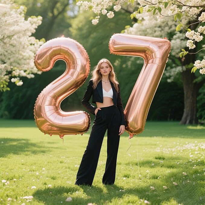 40 Inch Rose Gold Balloon Number 27 Balloon,Jumbo Mylar Foil Helium Balloon for 27 Digital Balloons for Birthday Party,Wedding Anniversary Party Decorations