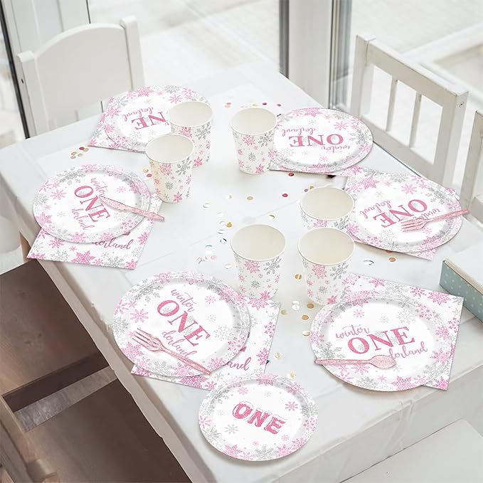 168pcs Winter Onederland Party Supplies Pink and Silver Snowflake Plates Napkins Disposable Tableware Set Paper Cups Winter Onederland 1st Birthday Party Supplies for Girls Birthday Decor Serves 24